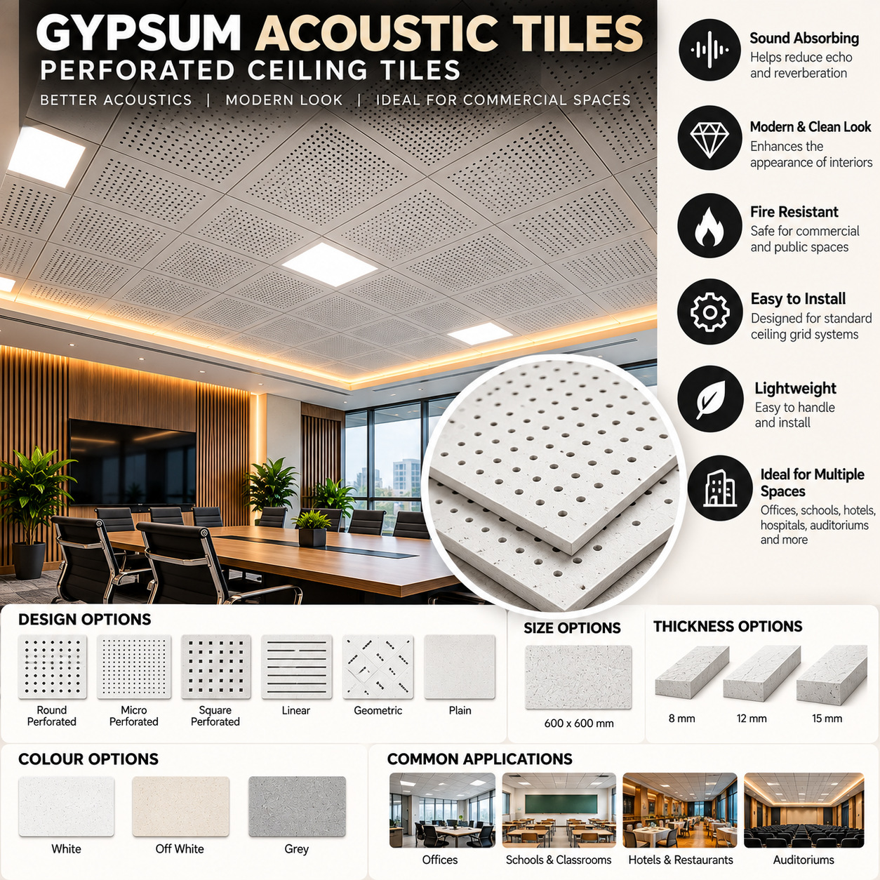 Premium Gypsum Acoustic Ceiling Tiles – Perforated