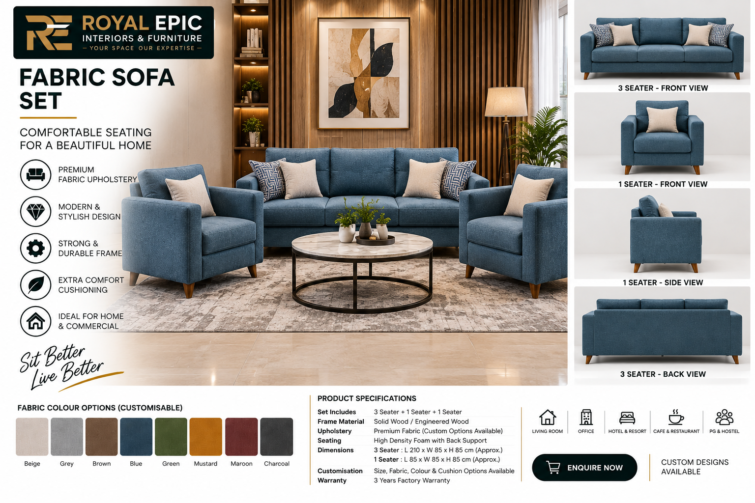 Premium Fabric Sofa Set – 3+1+1 Seater