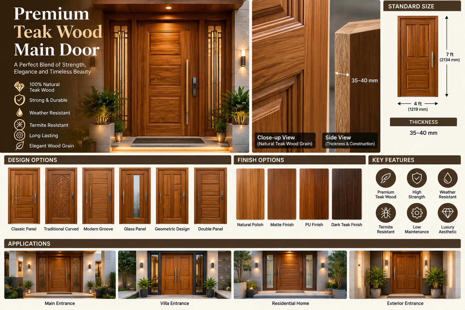 Premium Natural Teak Wood Main Entrance Door