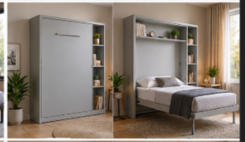 Modern Grey Wall-Mounted Iron Bed with Storage