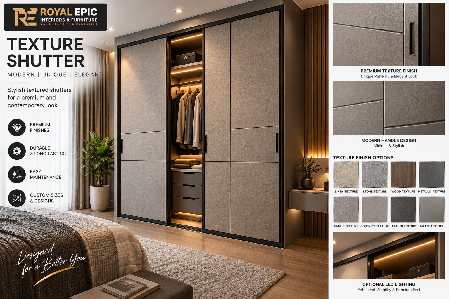 Premium Texture Sliding Wardrobe Shutter