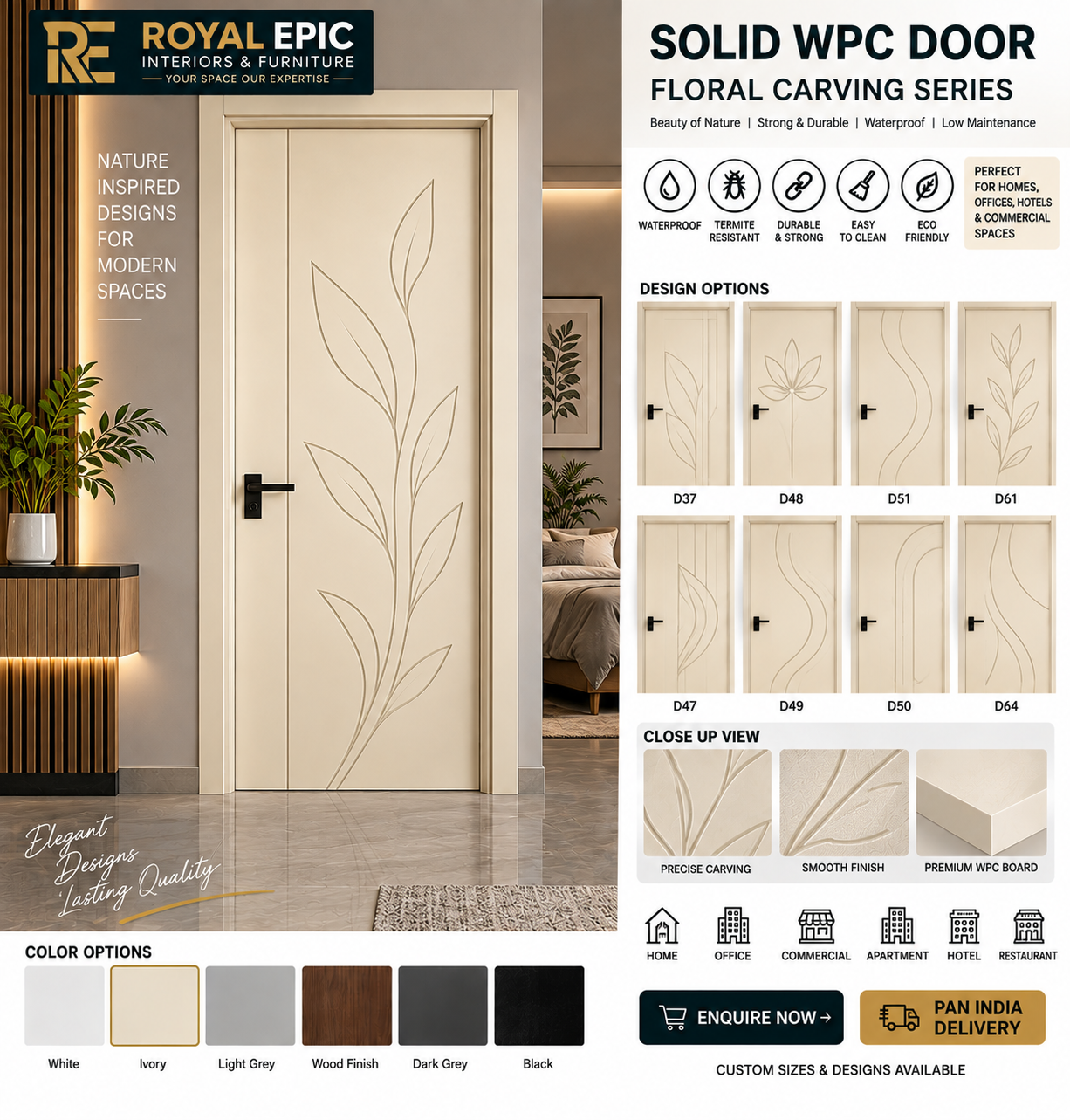 Solid WPC Floral Carving Door