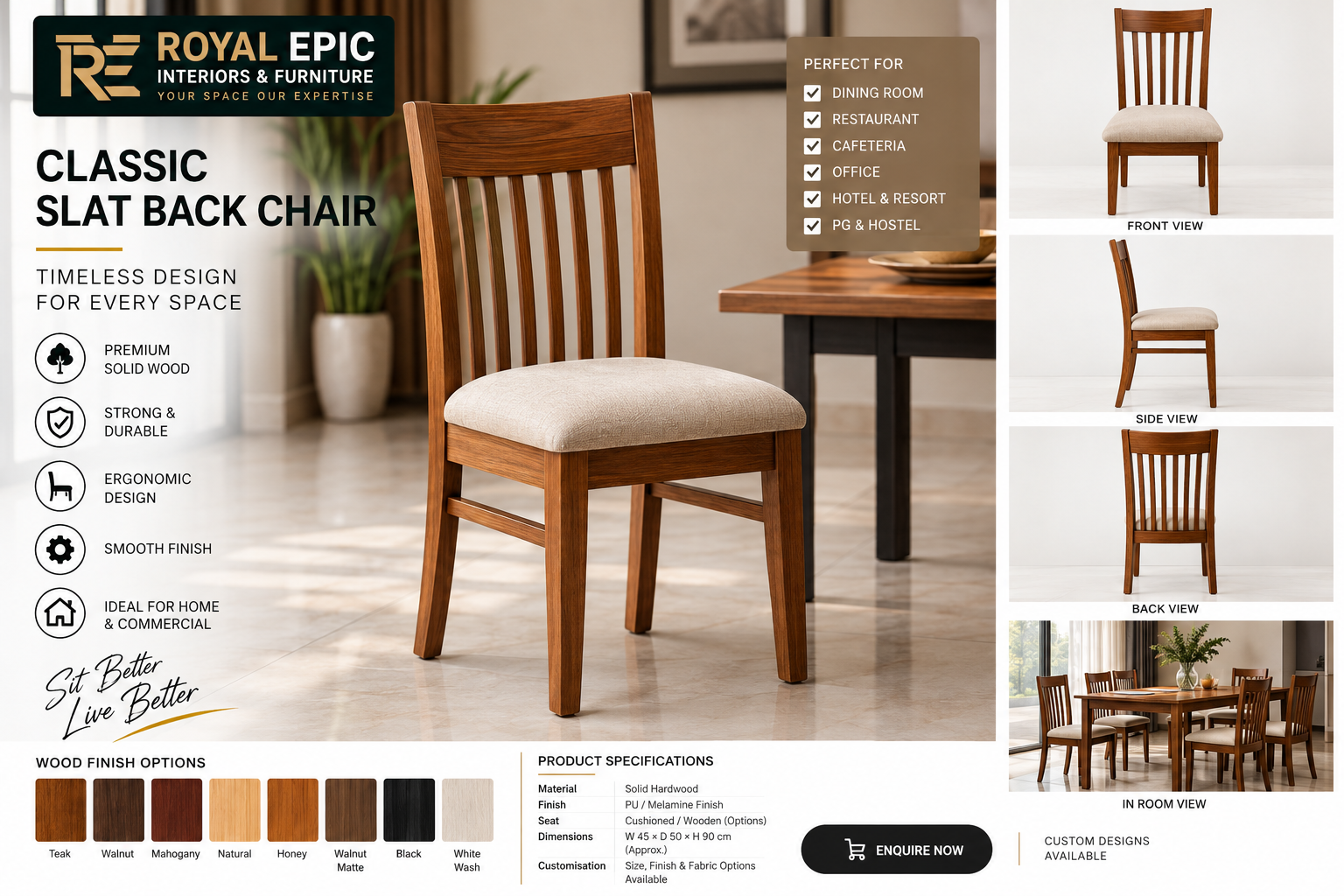 Classic Slat Back Wooden Dining Chair