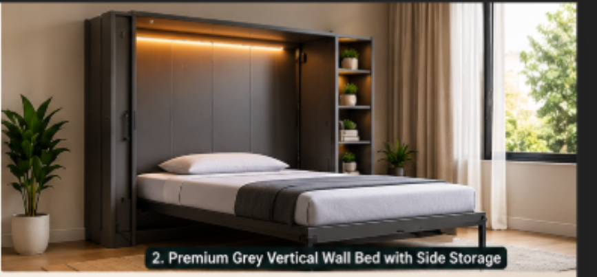 Premium Grey Vertical Wall Bed with Side Storage