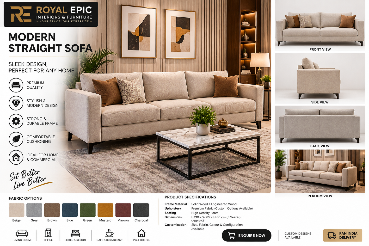 Modern Straight Sofa – Premium Living Room Sofa