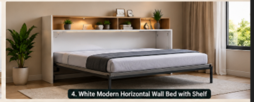 White Modern Horizontal Wall Bed with Shelf