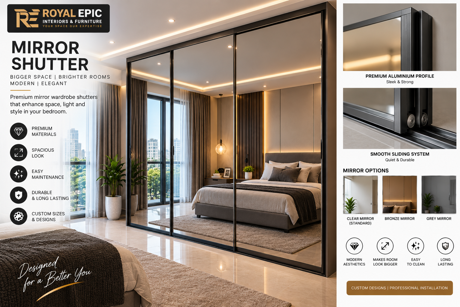 Premium Mirror Sliding Wardrobe Shutter