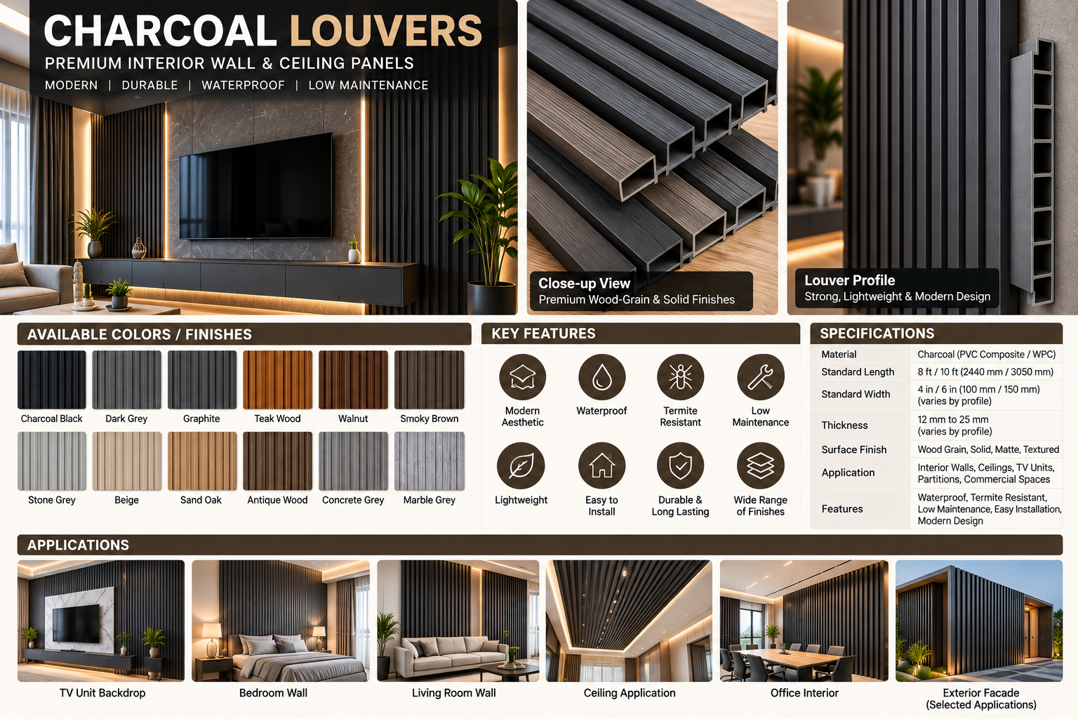 Premium Charcoal Louvers – Decorative Wall & Ceiling Panels
