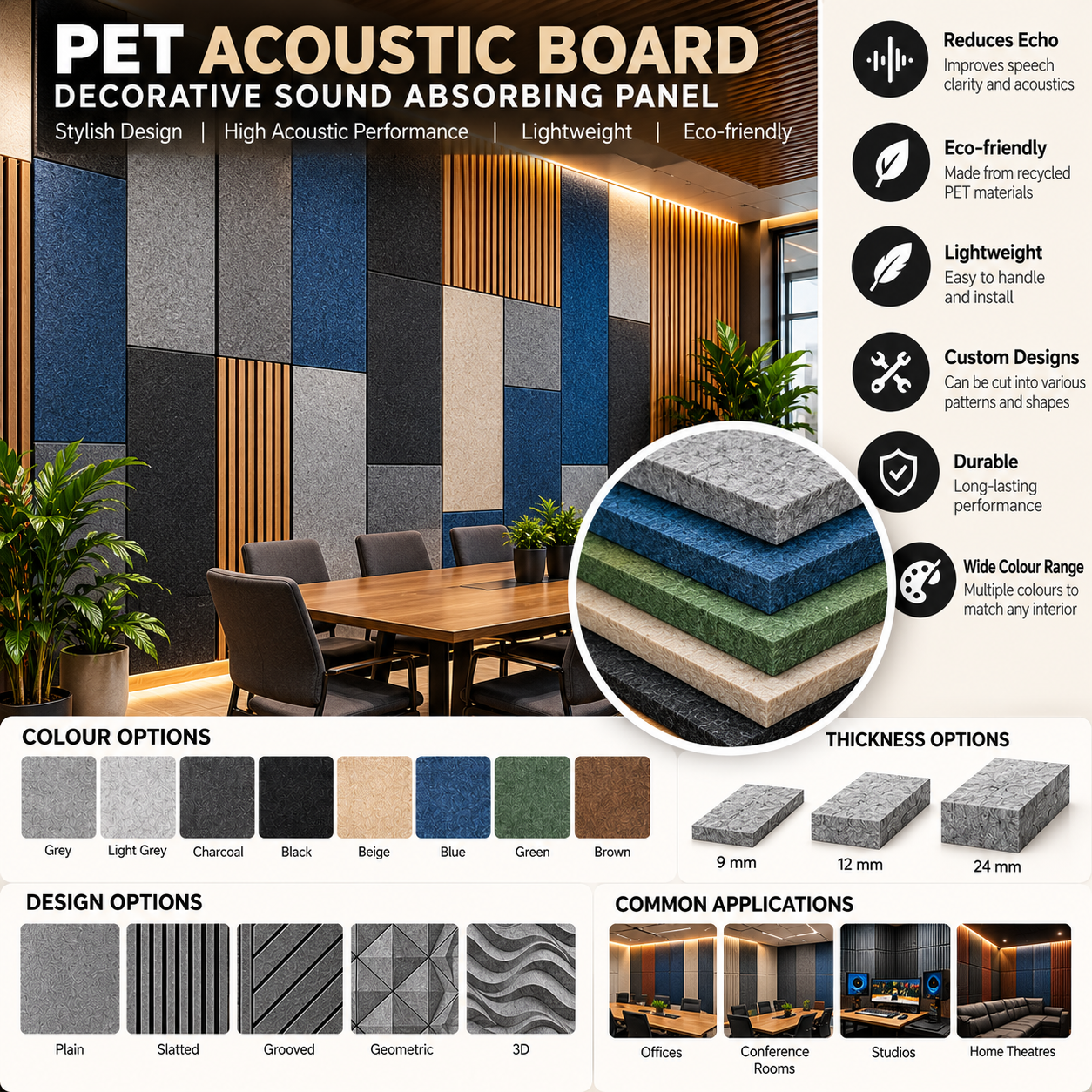 Premium PET Acoustic Board – Decorative Sound Absorbing Panel