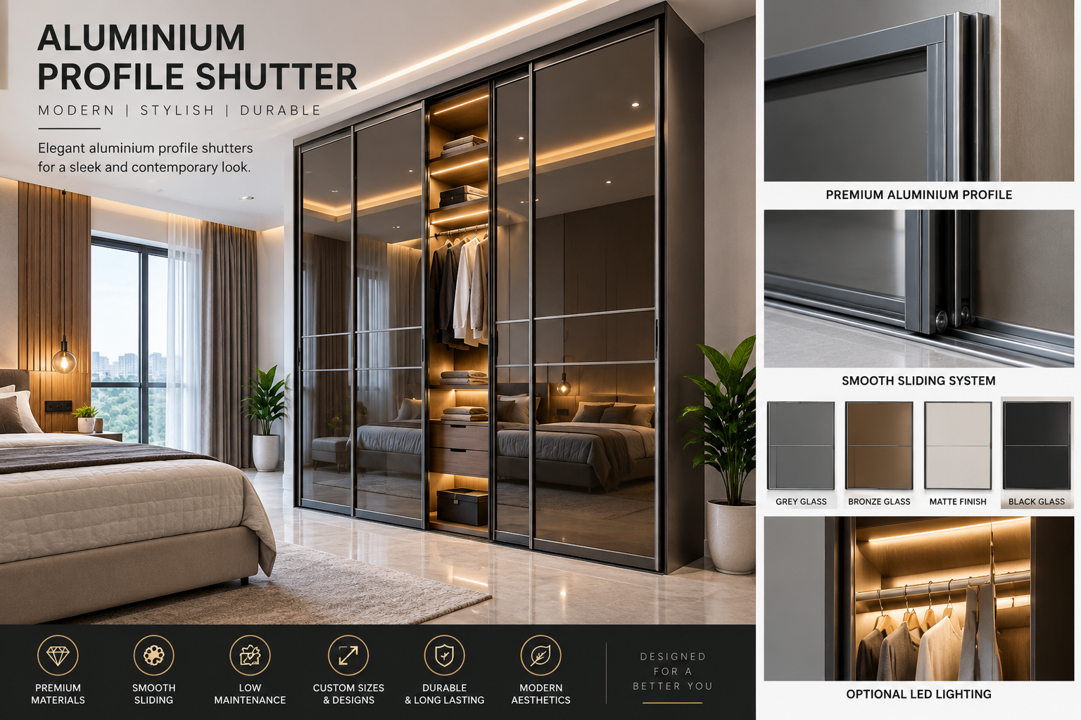 Premium Aluminium Profile Sliding Wardrobe Shutter